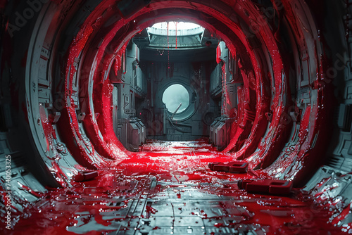 A crime scene in a space habitat knife floating in zero gravity blood droplets forming a haunting pattern photo