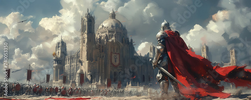 A knight with a blade as bright as the moon faces down a futuristic army emblem of peace in war