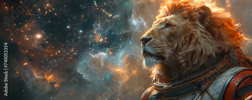 A lions roar echoes in a space station where technology merges with the primal illuminated by a galaxy view