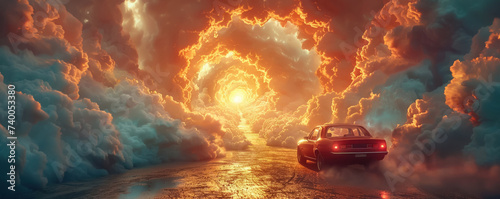 A lone car accelerates into a swirling vortex of clouds within a time tunnel bridging worlds in a cinematic spectacle
