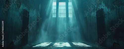 Amidst the cold steel of a futuristic prison a ray of light shines on a praying prisoner a symbol of unbroken spirit photo