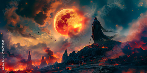 a character is standing on top of a hill, a fire moon in background, fantasy landscape