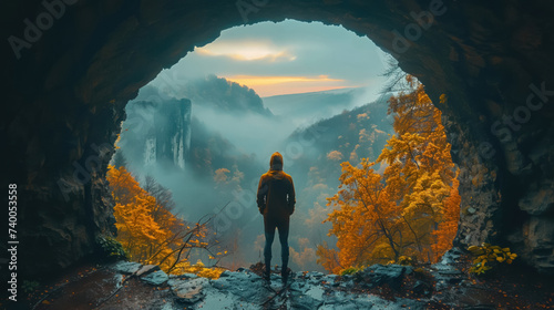 Inside a time cave a portal opens revealing scenes from different eras to a mesmerized traveler photo