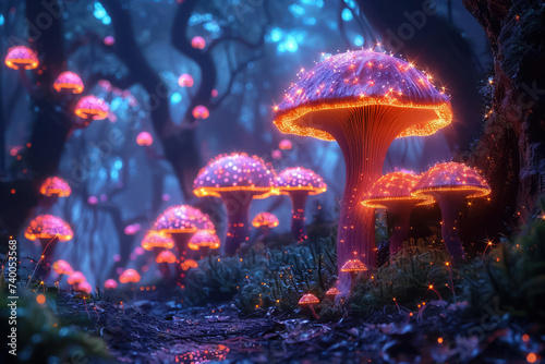 Magic mushrooms pulsate with neon light in a bio-engineered forest a futuristic botanical scene
