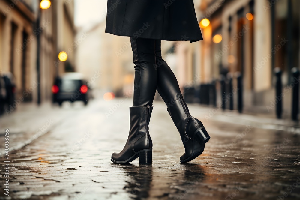 Fototapeta premium Female legs in stylish black boots on street. Concept Fashion, Street Style, Women's Shoes, Modern Urban, Trendy Boots