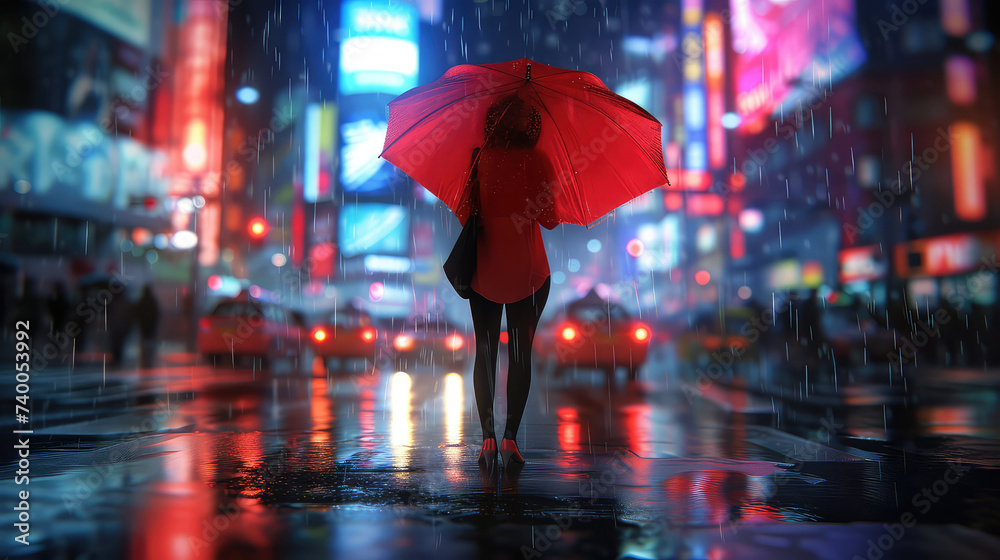 illustration painting of top view woman with red umbrella crossing the street,rainy night.