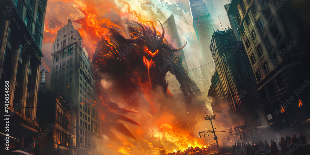 a giant monster criature in the city with fire