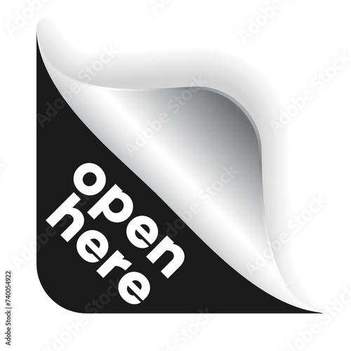 Open here vector sticker black color style, special tag on box isolated on white background 10 eps
