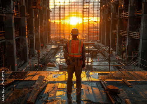 Construction worker looking at the sunrise.