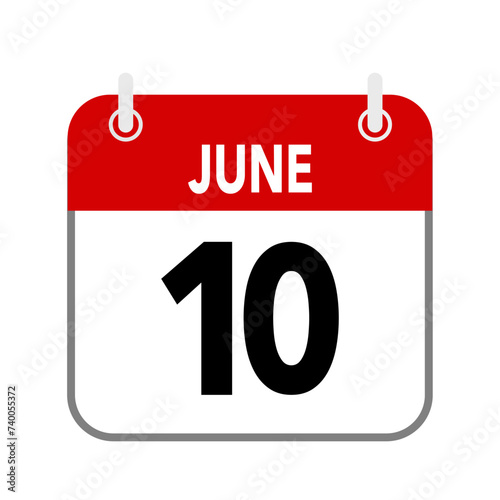 10 June, calendar date icon on white background.