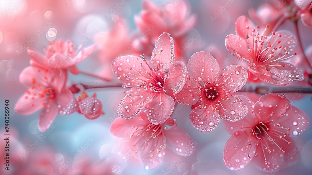 Beautiful pink sakura flowers with water drops on blurred background.