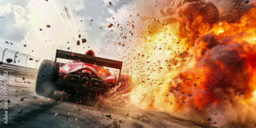 a race car exploding around
