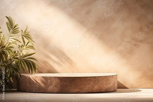 Beige Podium Product Display Presentation with Sandstone and Plants