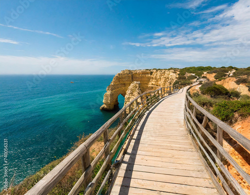 Coastal walkway along cliffs in summer  Algarve  Portugal