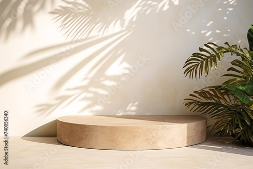 Beige Podium Product Display Presentation with Sandstone and Plants