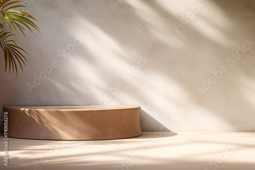 Beige Podium Product Display Presentation with Sandstone and Plants