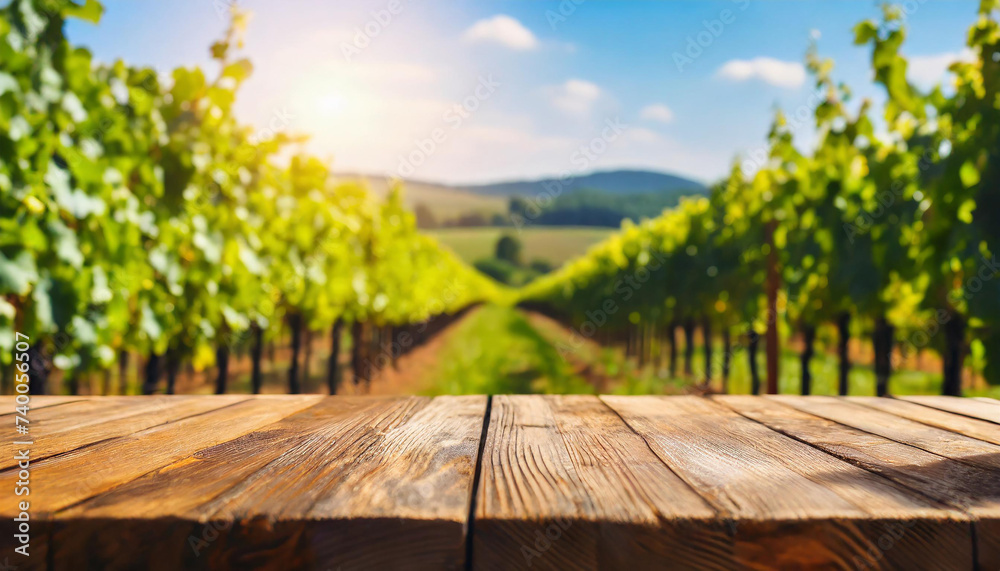 Naklejka premium Empty wooden table, sunny vineyard background