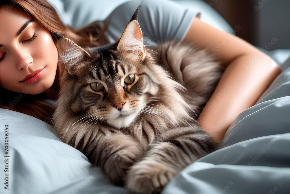Beautiful happy women and Cute Maine Coon cat on a bed. Soft and airy look. Beautiful happy women and Cute Maine Coon cat on a bed. Soft and airy look.