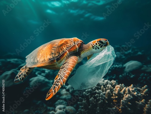 A turtle carries a plastic bag between coral reefs and shallow sea sand to the sea surface. The picture is about the environment, and protecting the marine ecosystem. Created with Generative AI.