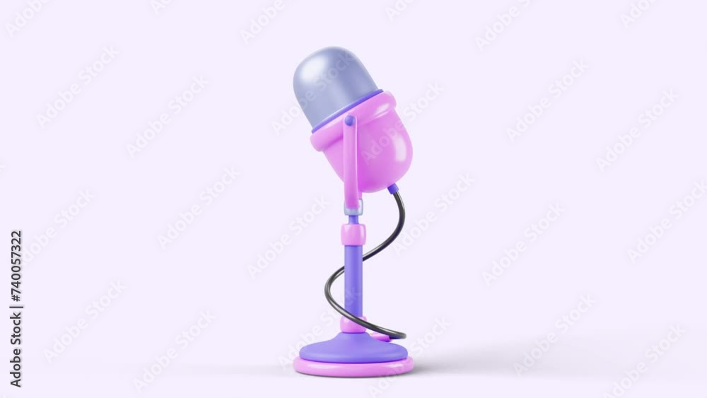 3d animation of microphone icon rotation on stand. Vintage mic for podcast, live stream media, audio interview or radio broadcast on pink background. Cartoon music studio equipment for game ui design.