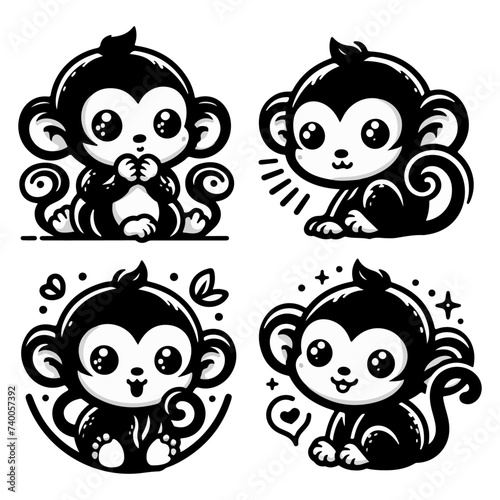 Cute monkey collection - black monkey, happy monkey, baby monkey - vector illustrations (ID: 740057392)