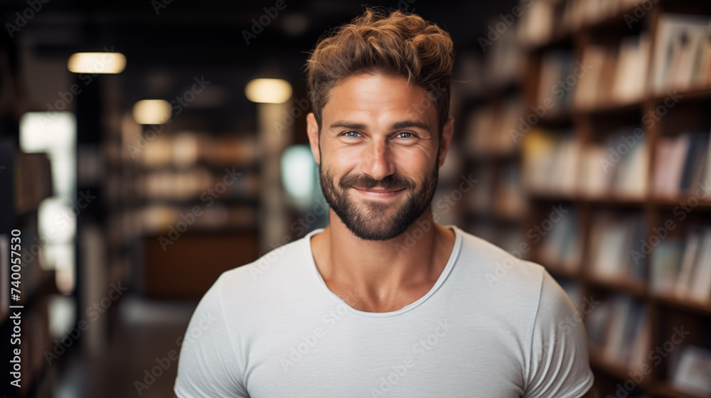 Obraz premium Attractive man in a bookstore, school library. Training, education, self-development
