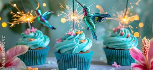 cupcakes decorated with sparklers and hummingbirds