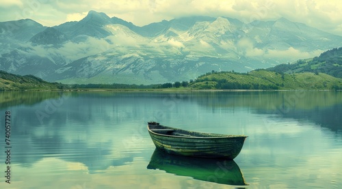 boat on a lake near mountains