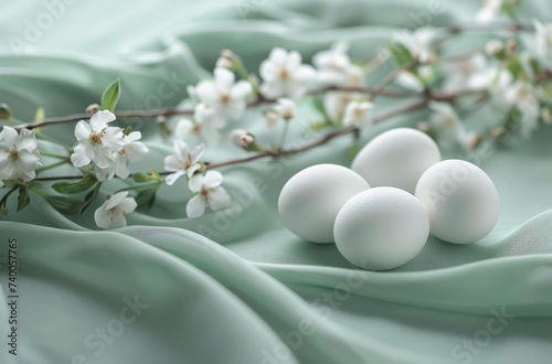 easter eves with flowers on a green table and white eggs