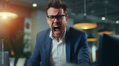 Businessman stressed and overworked yelling in office photo