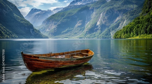 boat on a lake near mountains