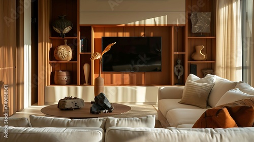 a TV lounge with a minimalist console table behind the sofa, showcasing decorative objects and accessories