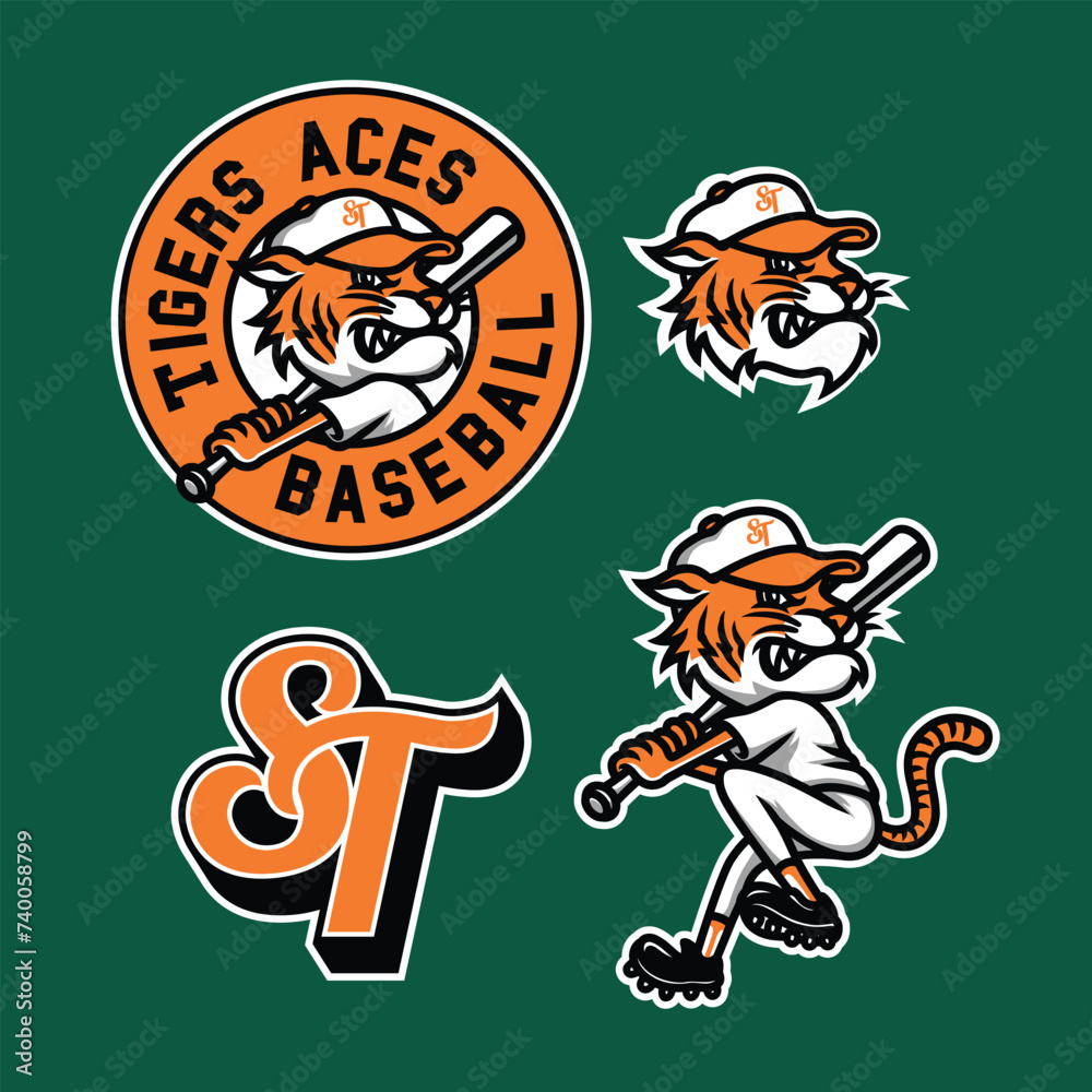 Tiger Mascot Object Baseball Club Sport Set in Vintage Hand Drawn Design Tiger Mascot Object Baseball Club Sport Set in Vintage Hand Drawn Design