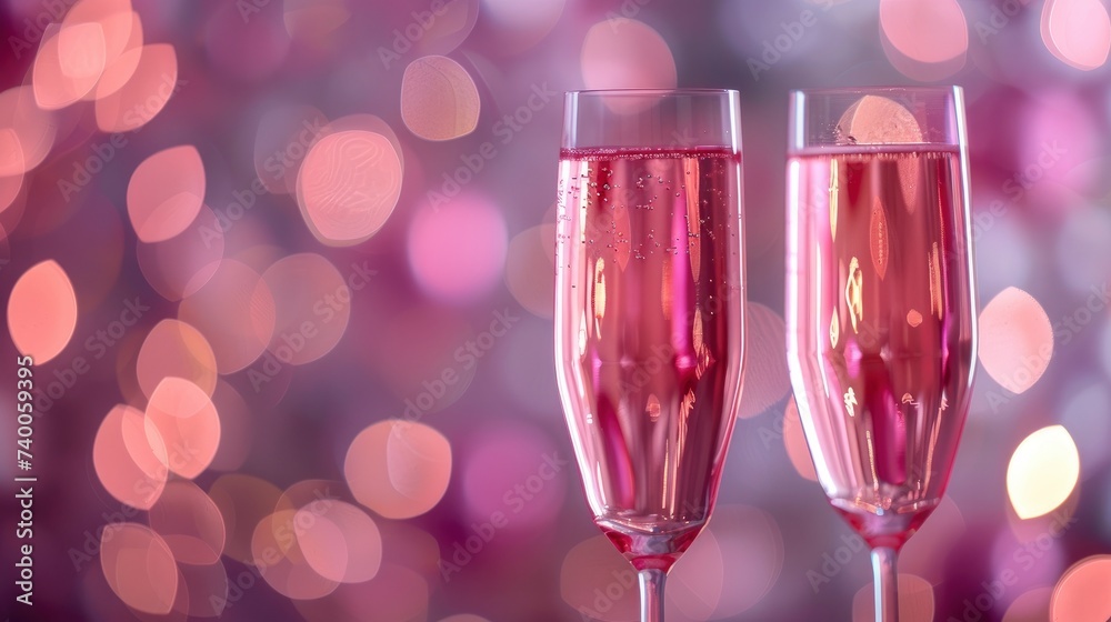Celebration in Pink, Close Up of Rose Champagne Glasses with Bokeh Lights Background, Perfect for New Year and Valentines Day Festivities Celebration in Pink, Close Up of Rose Champagne Glasses with Bokeh Lights Background, Perfect for New Year and Valentines Day Festivities