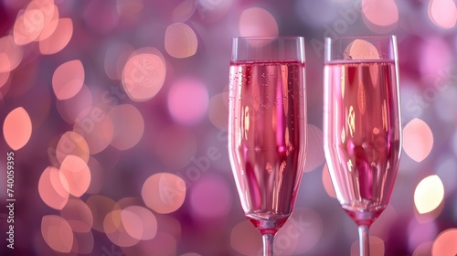 Celebration in Pink, Close Up of Rose Champagne Glasses with Bokeh Lights Background, Perfect for New Year and Valentines Day Festivities