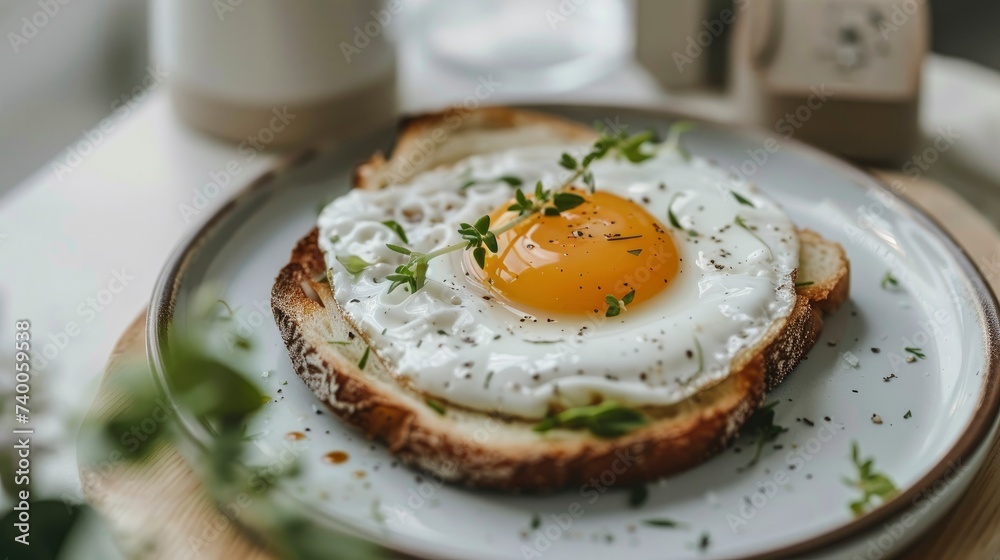 Savoring Simplicity. Plate with Two Slices of Fried Bread Topped with a Sunny-Side-Up Egg. Savoring Simplicity. Plate with Two Slices of Fried Bread Topped with a Sunny-Side-Up Egg.