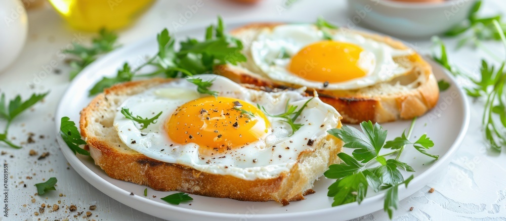 Savoring Simplicity. Plate with Two Slices of Fried Bread Topped with a Sunny-Side-Up Egg. Savoring Simplicity. Plate with Two Slices of Fried Bread Topped with a Sunny-Side-Up Egg.