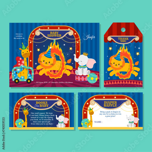 Baby shower invitation set with cute circus animals
