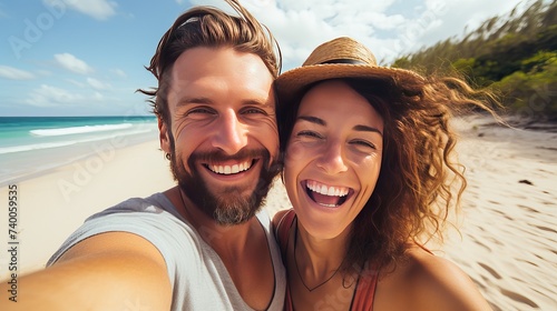 Couple on summer tropical vacation taking selfie photo on the beach. Man and woman on Mexico caribbean travel photo