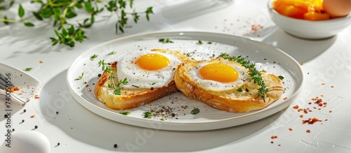 Savoring Simplicity. Plate with Two Slices of Fried Bread Topped with a Sunny-Side-Up Egg.