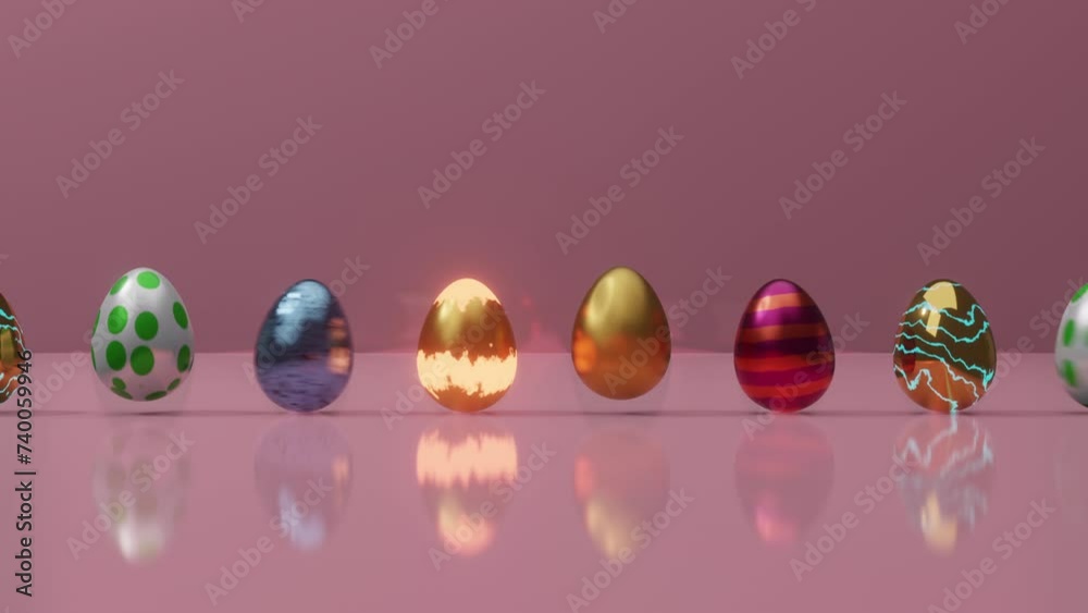 Colorful Easter eggs free moving on pink background, Happy easter egg day concept. Easter Holiday, egg hunting concept. Video motion graphic 4k animation. Copy space. 3d graphics animation