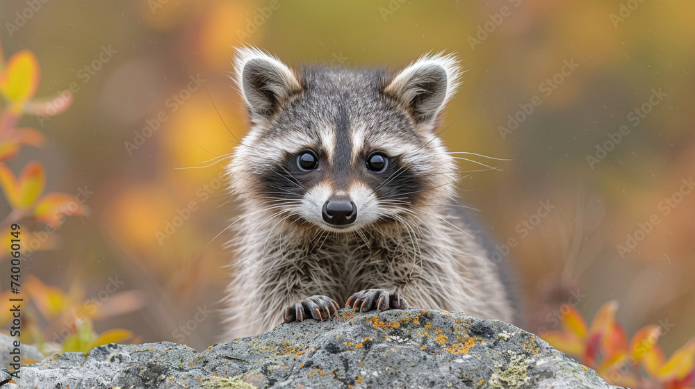 Fototapeta premium close up wildlife photography, authentic photo of a cute raccoon in natural habitat, taken with telephoto lenses, for relaxing animal wallpaper and more