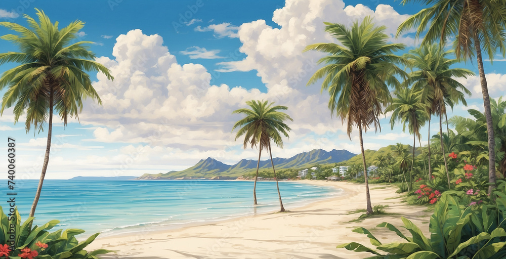 views of the sunny beach with the surrounding hills, palm trees and beautiful flowers, sparkling sunlight