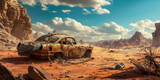 Landscape with desert car, post apocalyptic