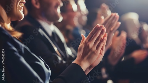 Happy colleagues applauding while sitting in conference event at convention center business people sit together in convention hall listen seminar success clapping happiness