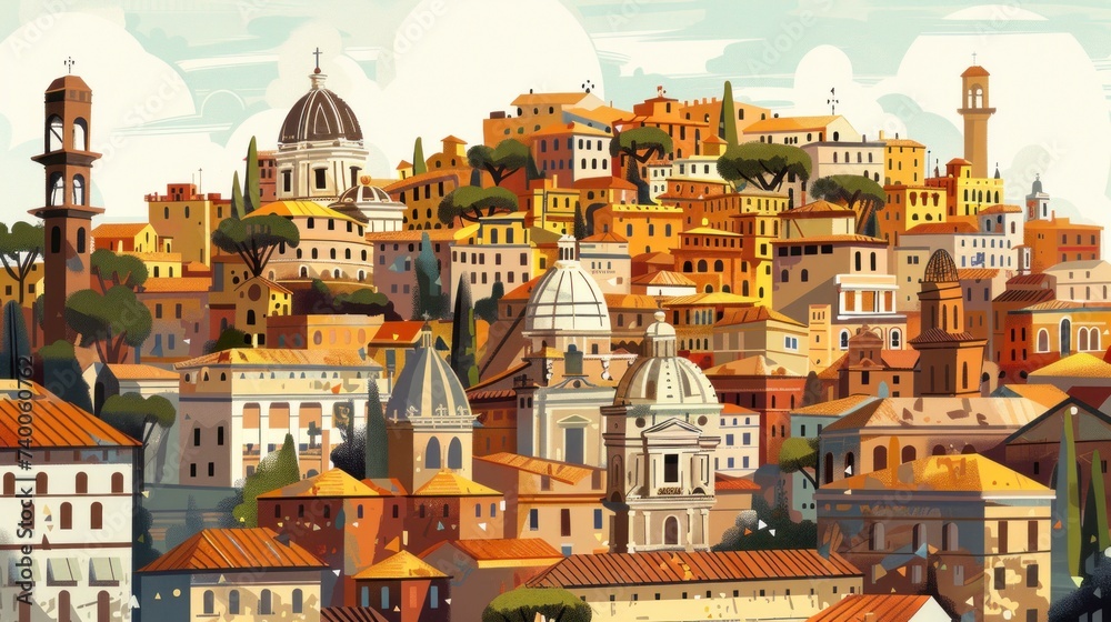 beautiful illustration of the streets of Italy with basilicas at sunset - obrazy, fototapety, plakaty 