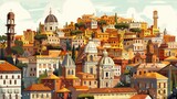 beautiful illustration of the streets of Italy with basilicas at sunset