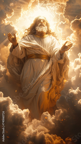 Figure in white robes stands amidst clouds, arms outstretched towards the shining sun