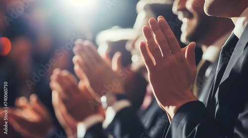 Happy colleagues applauding while sitting in conference event at convention center business people sit together in convention hall listen seminar success clapping happiness