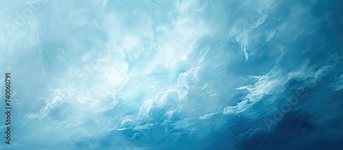 This painting depicts a serene blue sky filled with fluffy clouds. © AkuAku